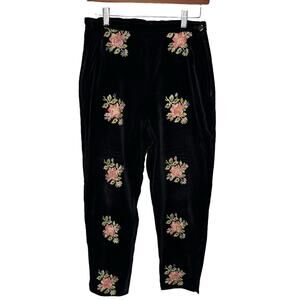 Vintage Pants Black Velvet Floral Embroidery Side Zip Straight Leg